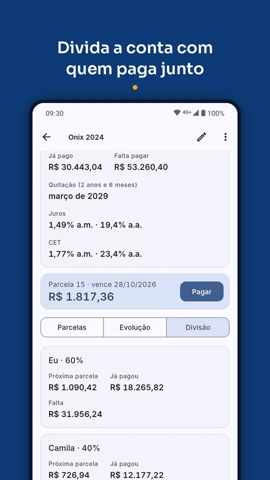 Conta dividida com quem paga junto